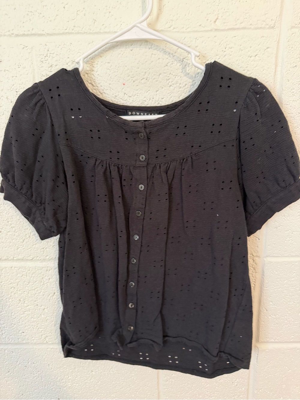 DownEast Black Eyelet Button-Front Puff Sleeve Top